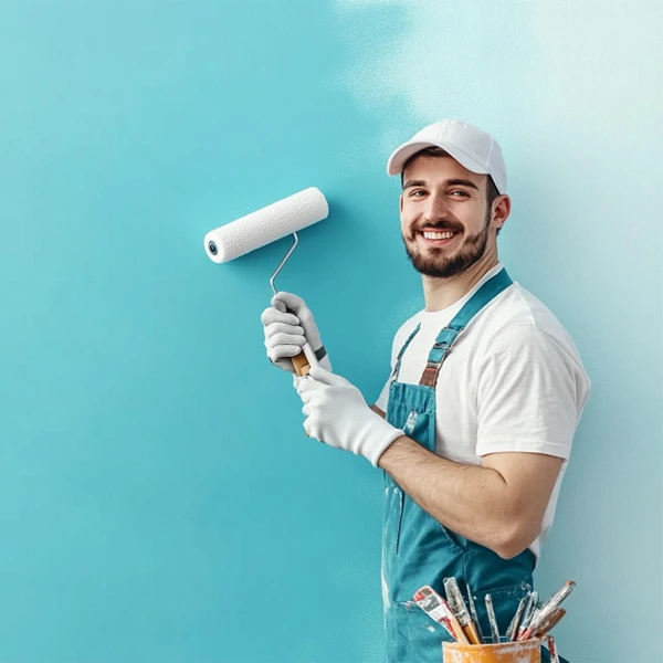 Um pintor profissional, vestindo macacão azul-turquesa sobre uma camiseta branca, luvas brancas e boné branco, sorri enquanto segura um rolo de pintura contra uma parede metade pintada de azul e metade branca.
